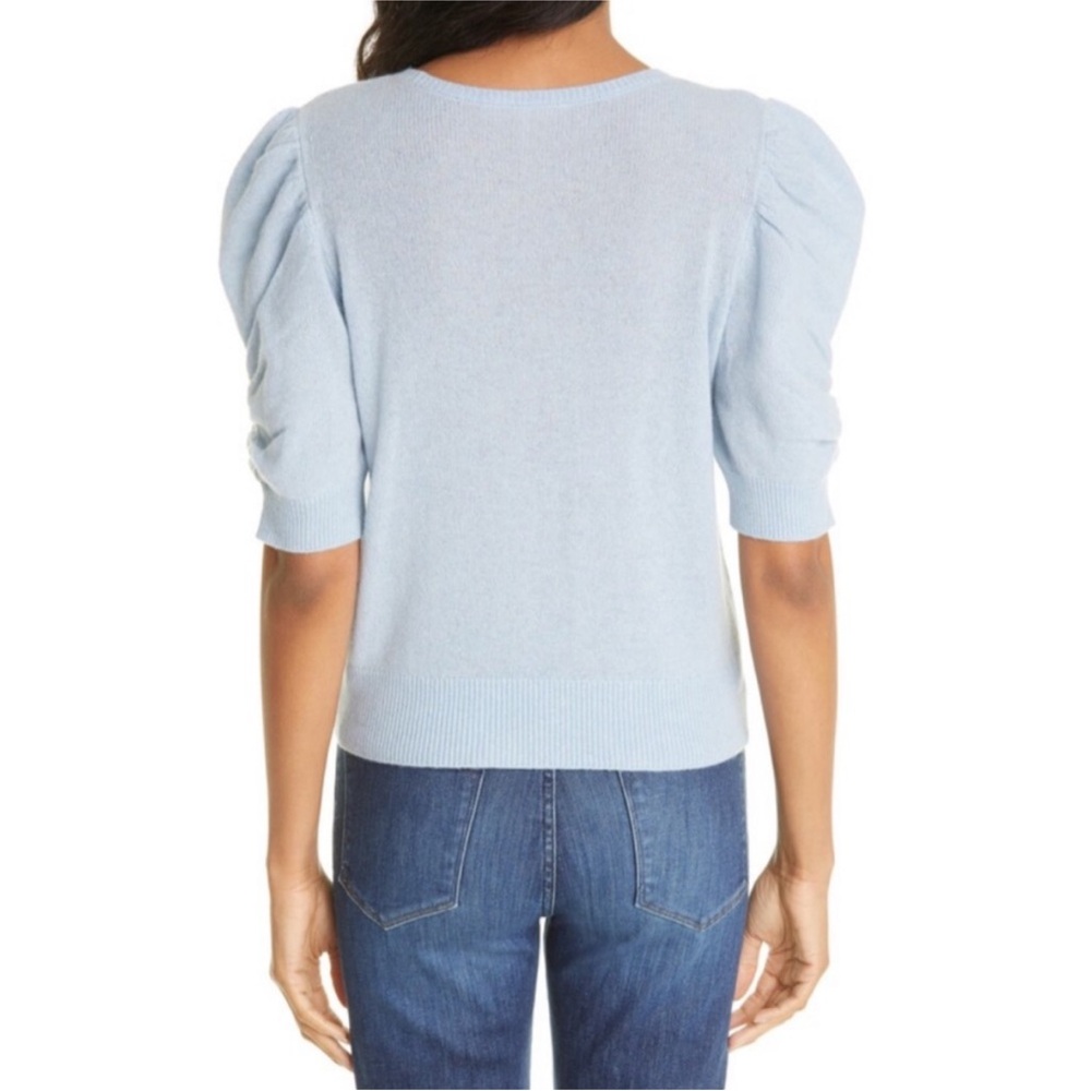 FRAME Ruched Puff Sleeve Light Blue Cashmere Sweater - Picture 3 of 7